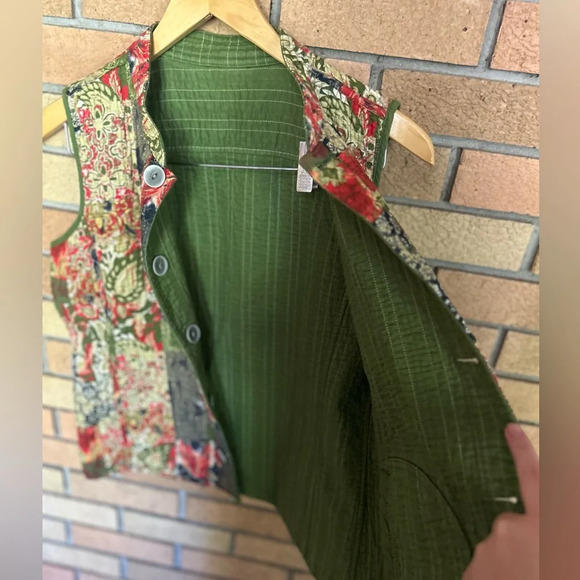 Olive Red Yellow Patchwork Print Quilted Reversible Boho Vest Floral Fall - Picture 7 of 8